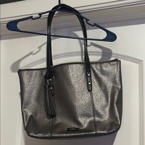 Fossil Metallic Sparkly Gray and Black Tote style purse